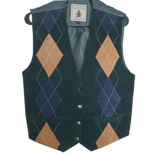 Vintage Northwest Territory Leather Green Argyle‎ Vest Tan Blue SZ:M